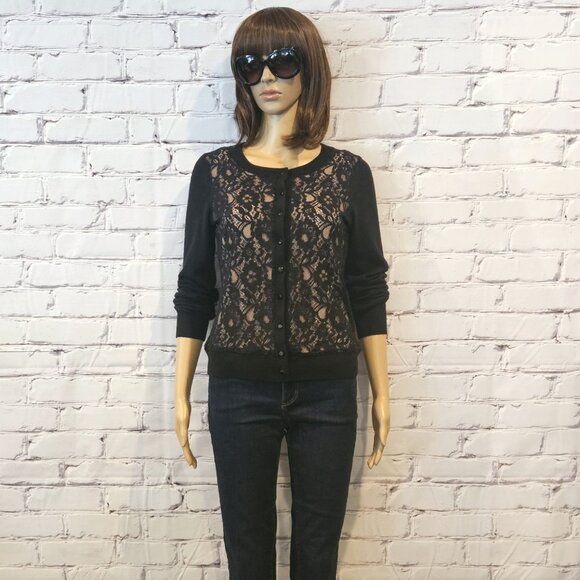 BANANA REPUBLIC black knit wool blend cardigan with front lace detailing - Picture 4 of 12